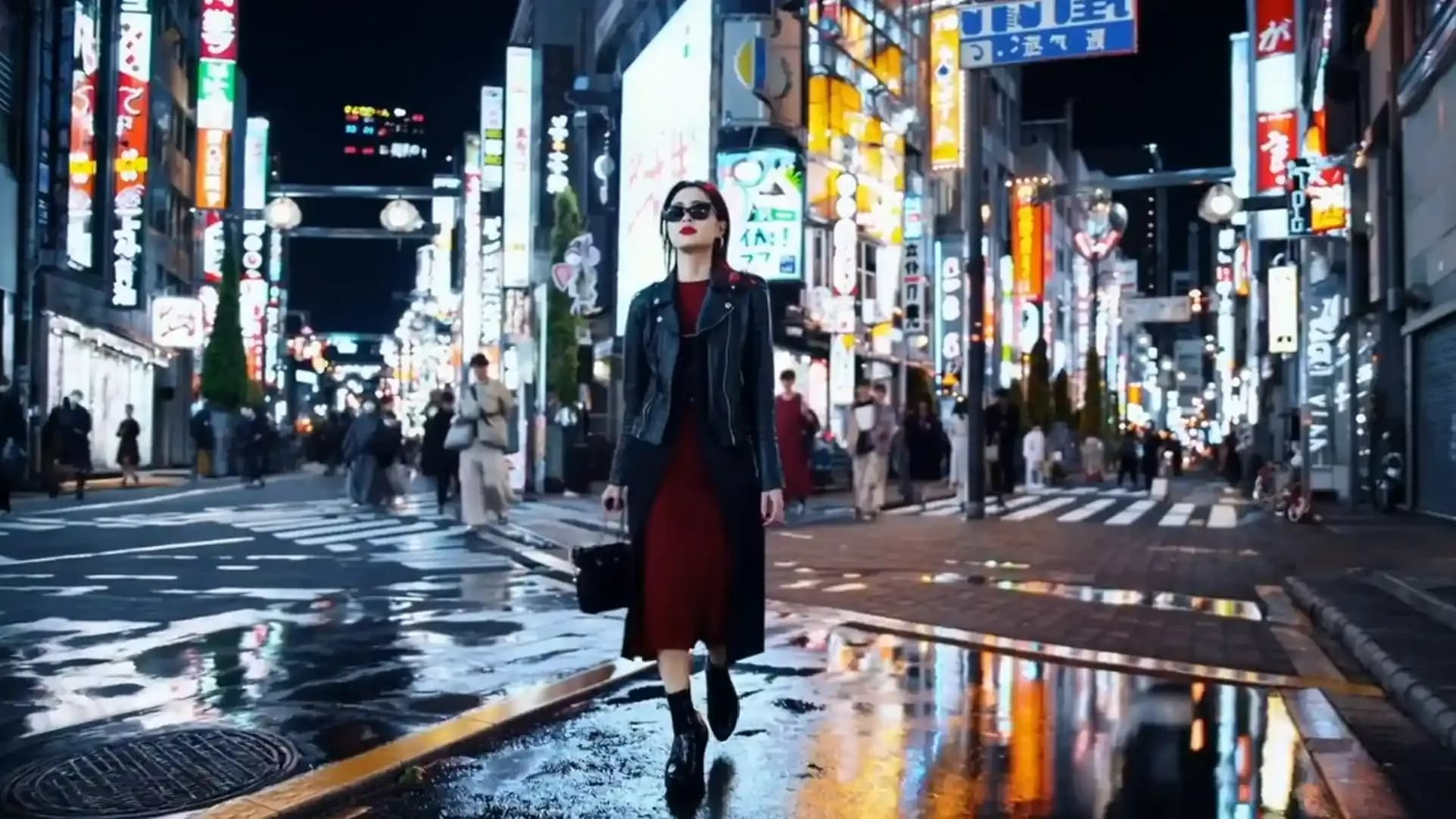 A stylish woman walks down a Tokyo street filled with warm glowing neon and animated city signage. She wears a black leather jacket, a long red dress, and black boots, and carries a black purse. She wears sunglasses and red lipstick. She walks confidently and casually. The street is damp and reflective, creating a mirror effect of the colourful lights. Many pedestrians walk about.