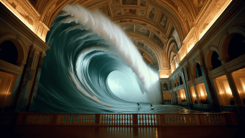 two surfers surfing a wave in a historical hall sora prompt